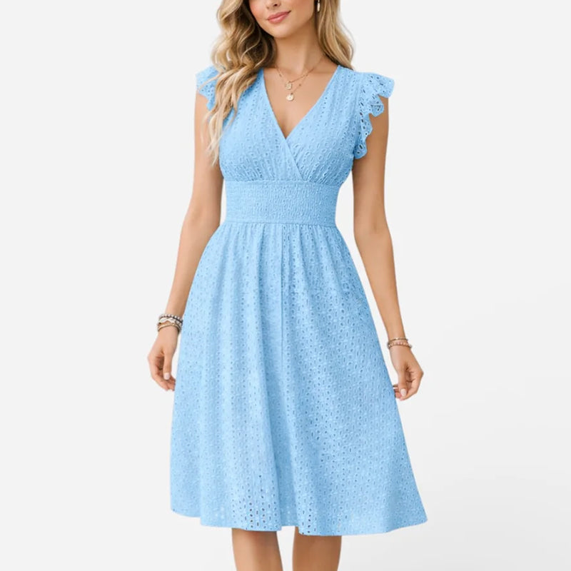 Caroline - Women's Eyelet Lace V-Neck Midi Dress