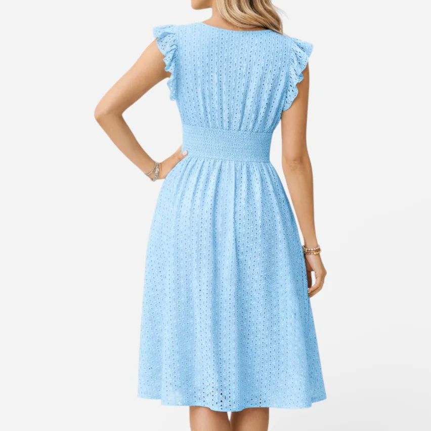 Caroline - Women's Eyelet Lace V-Neck Midi Dress