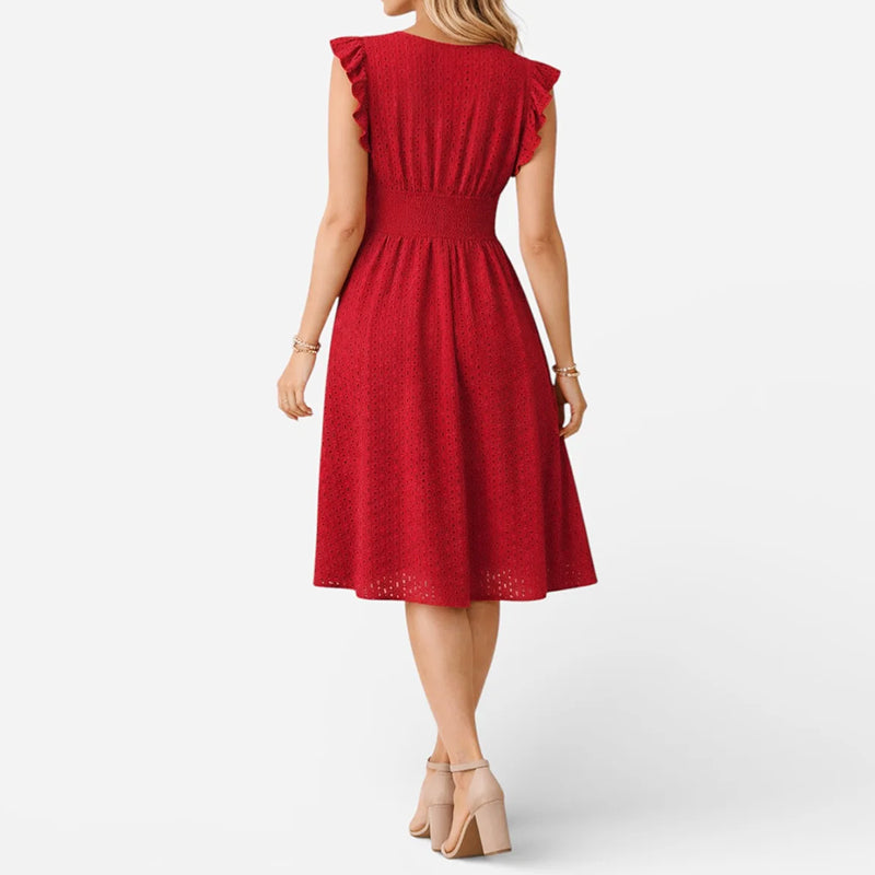 Caroline - Women's Eyelet Lace V-Neck Midi Dress