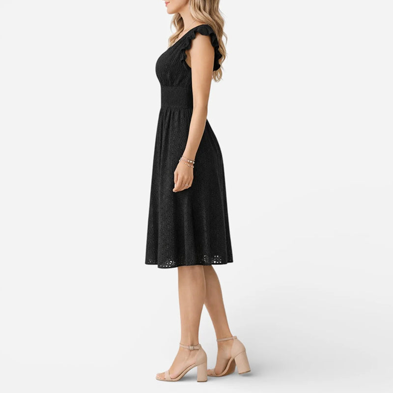 Caroline - Women's Eyelet Lace V-Neck Midi Dress
