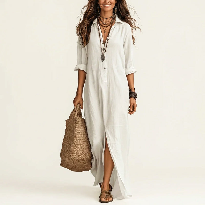 Casey - Women's Collared Maxi Shirt Dress