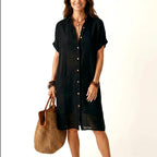 Cira - Women's Cotton Linen Short Sleeve Shirt Dress