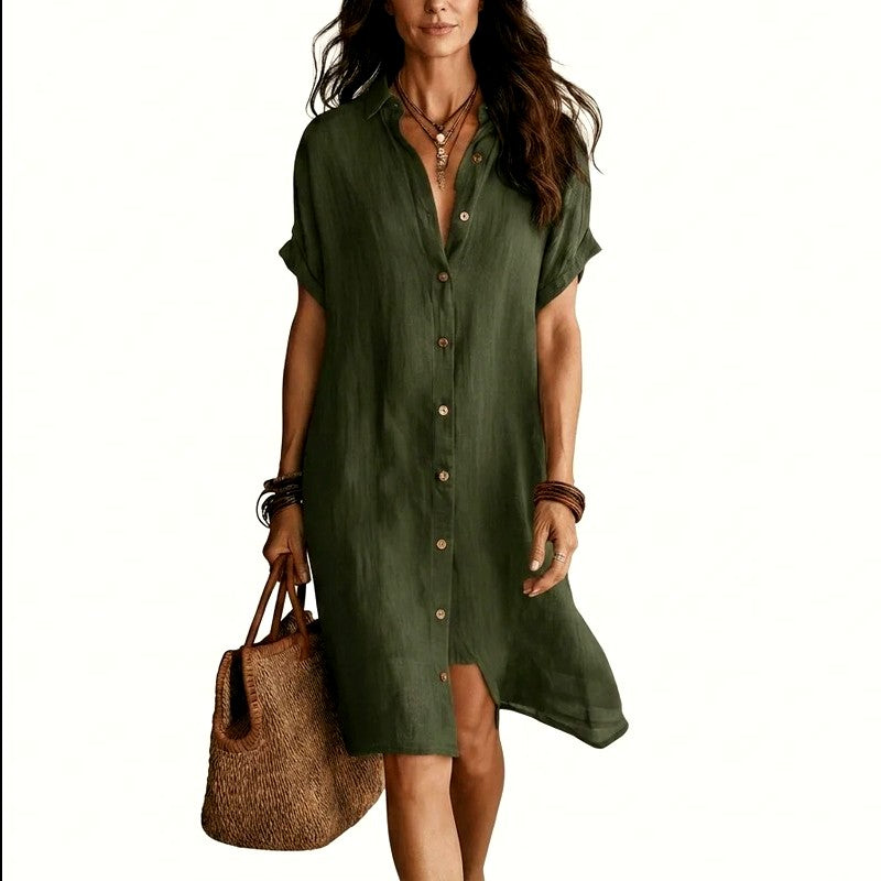 Cira - Women's Cotton Linen Short Sleeve Shirt Dress