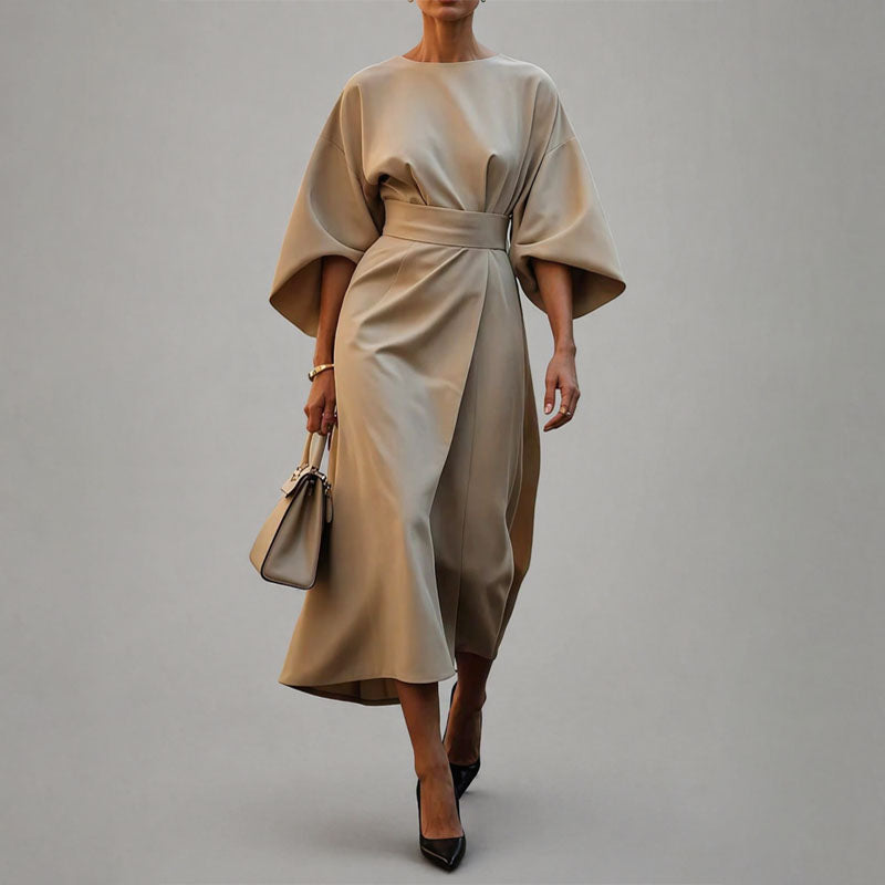 Clara - Women’s Belted Midi Dress with Wide Sleeves