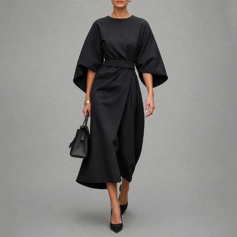 Clara - Women’s Belted Midi Dress with Wide Sleeves