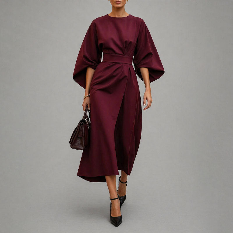 Clara - Women’s Belted Midi Dress with Wide Sleeves