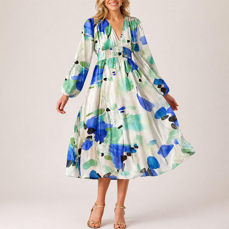 Courtney - Women's Abstract Floral V-Neck Midi Dress