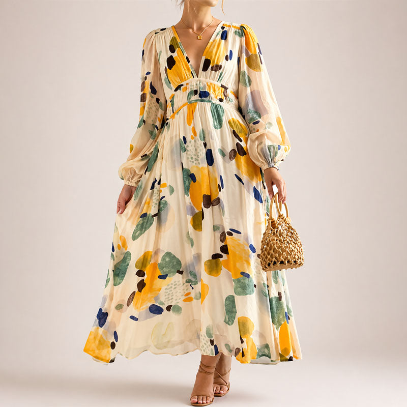 Courtney - Women's Abstract Floral V-Neck Midi Dress
