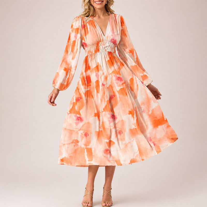 Courtney - Women's Abstract Floral V-Neck Midi Dress