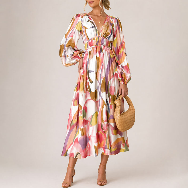 Courtney - Women's Abstract Floral V-Neck Midi Dress