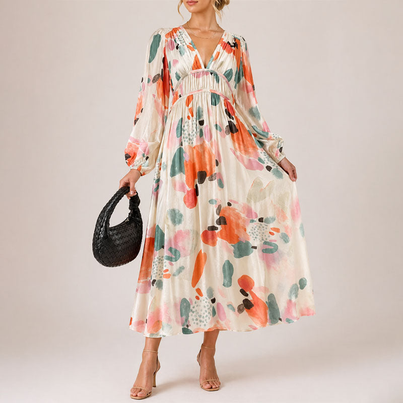 Courtney - Women's Abstract Floral V-Neck Midi Dress