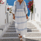 Deborah - Women's Embroidered V-Neck Tunic Maxi Dress