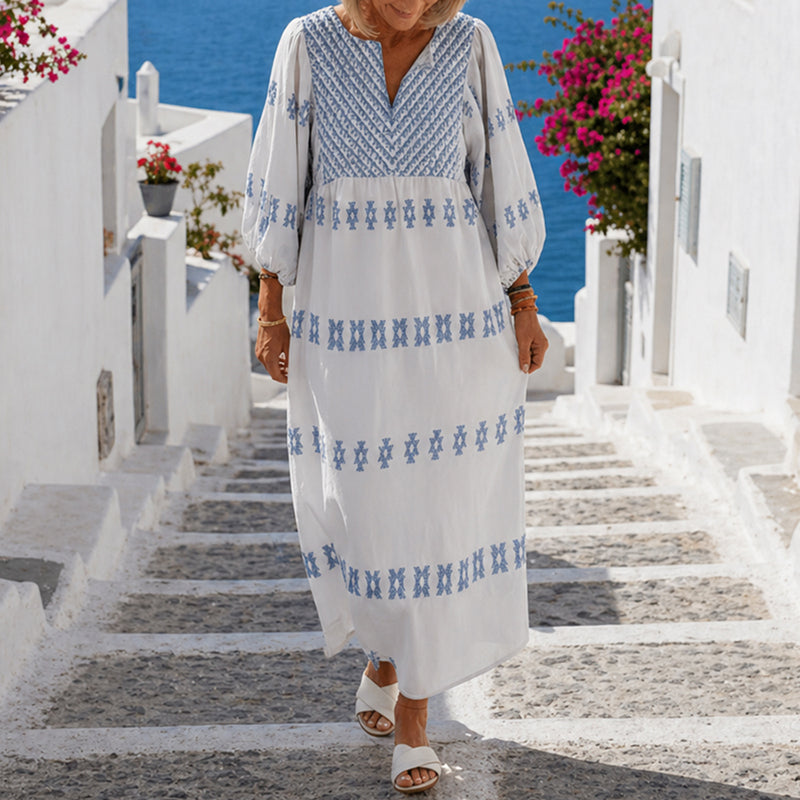 Deborah - Women's Embroidered V-Neck Tunic Maxi Dress