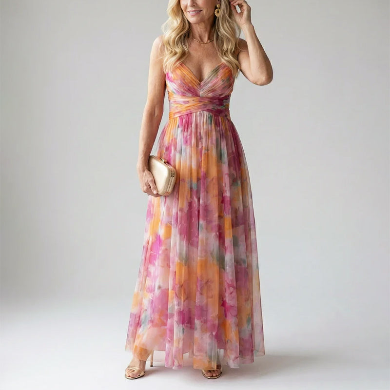 Delora - Women's Watercolor Print V-Neck Maxi Dress