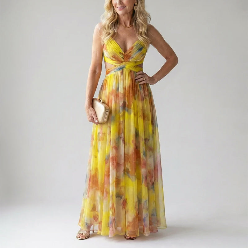 Delora - Women's Watercolor Print V-Neck Maxi Dress