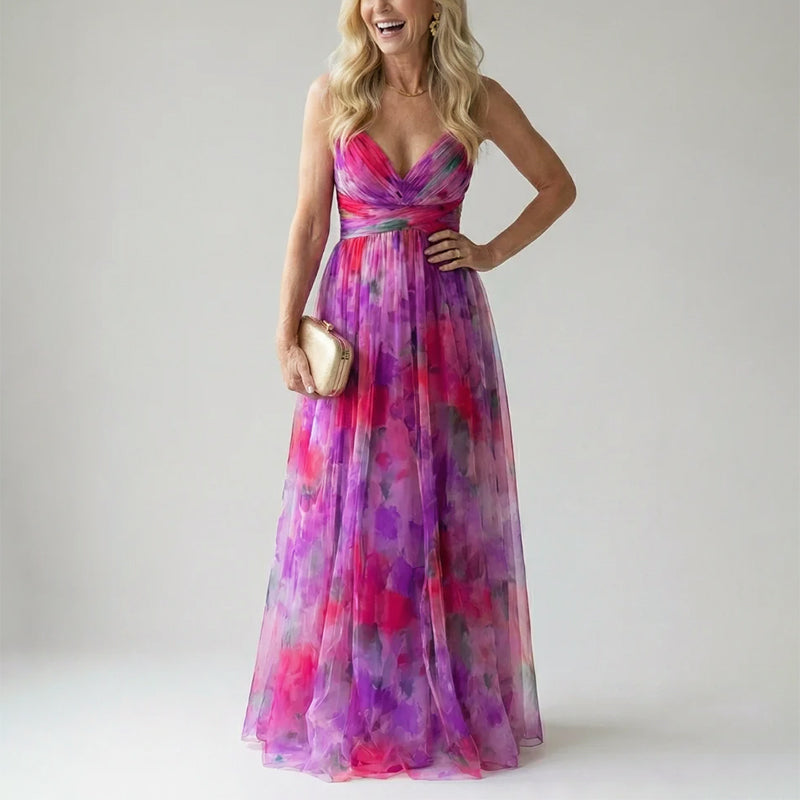 Delora - Women's Watercolor Print V-Neck Maxi Dress