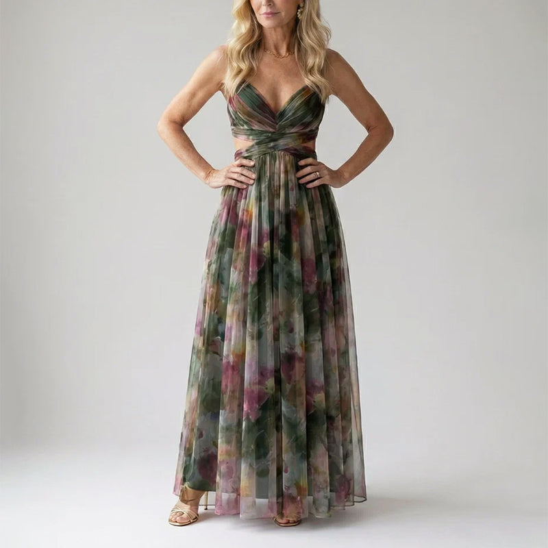 Delora - Women's Watercolor Print V-Neck Maxi Dress