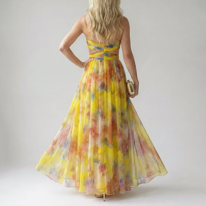 Delora - Women's Watercolor Print V-Neck Maxi Dress