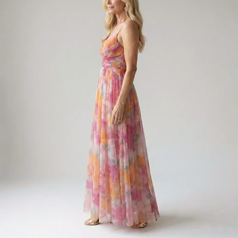 Delora - Women's Watercolor Print V-Neck Maxi Dress