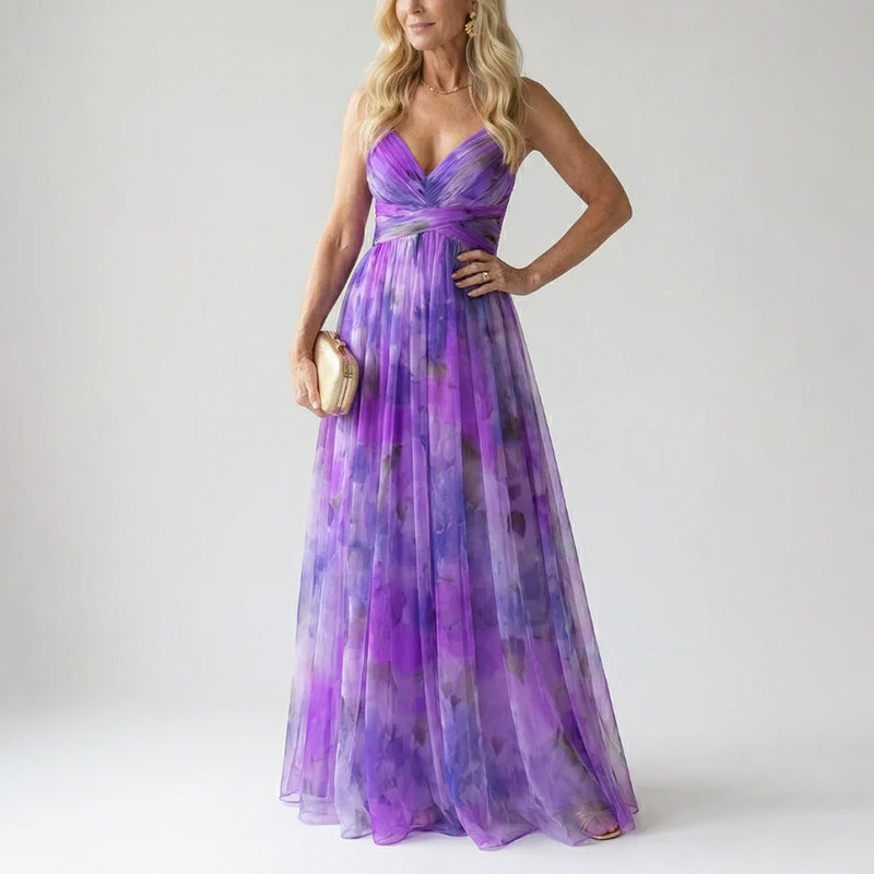 Delora - Women's Watercolor Print V-Neck Maxi Dress