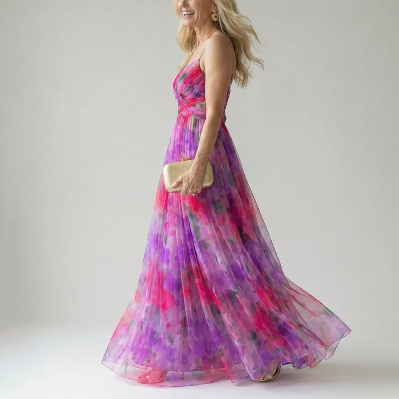 Delora - Women's Watercolor Print V-Neck Maxi Dress