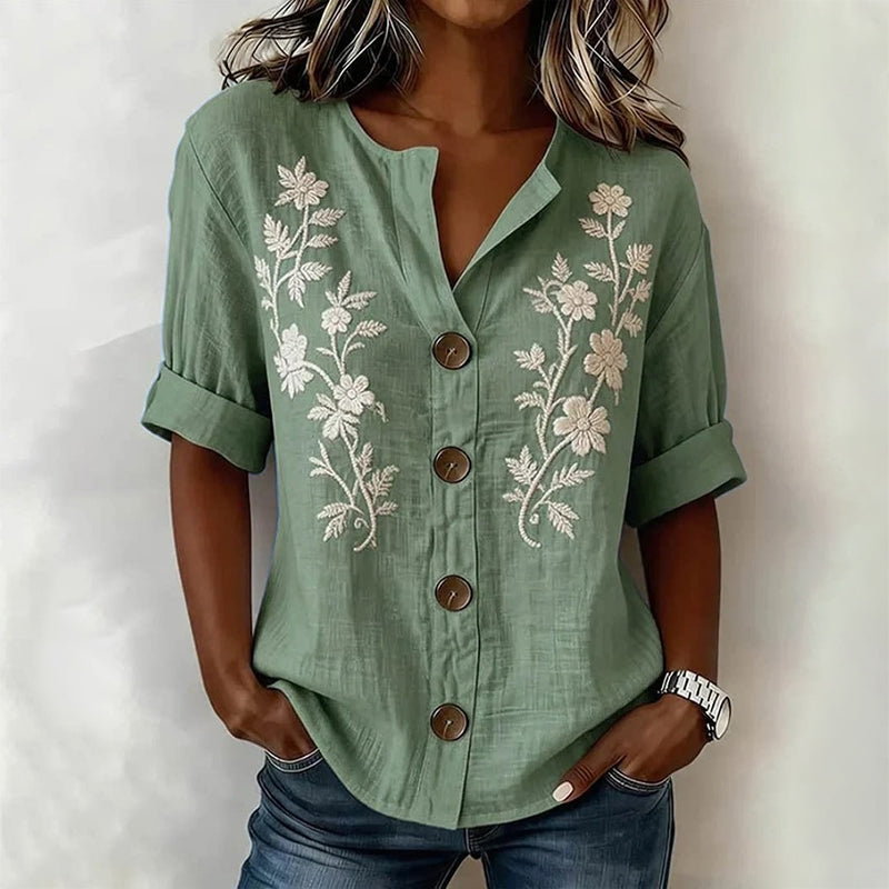 Eleanor - Women’s Embroidered Button Front Blouse