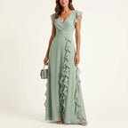 Eleanor - Women's Ruffle Trim Wrap V-Neck Maxi Dress