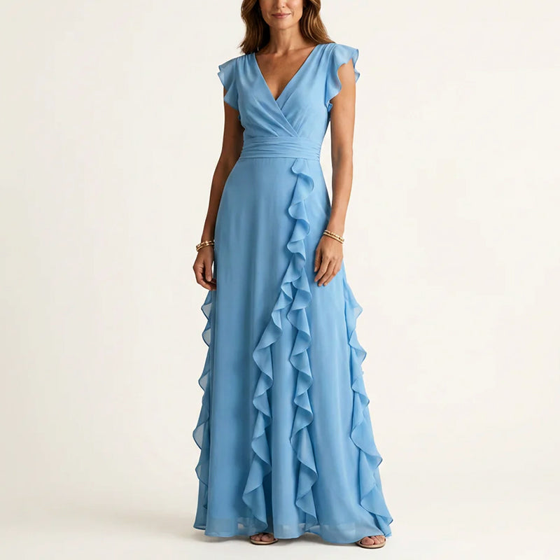 Eleanor - Women's Ruffle Trim Wrap V-Neck Maxi Dress