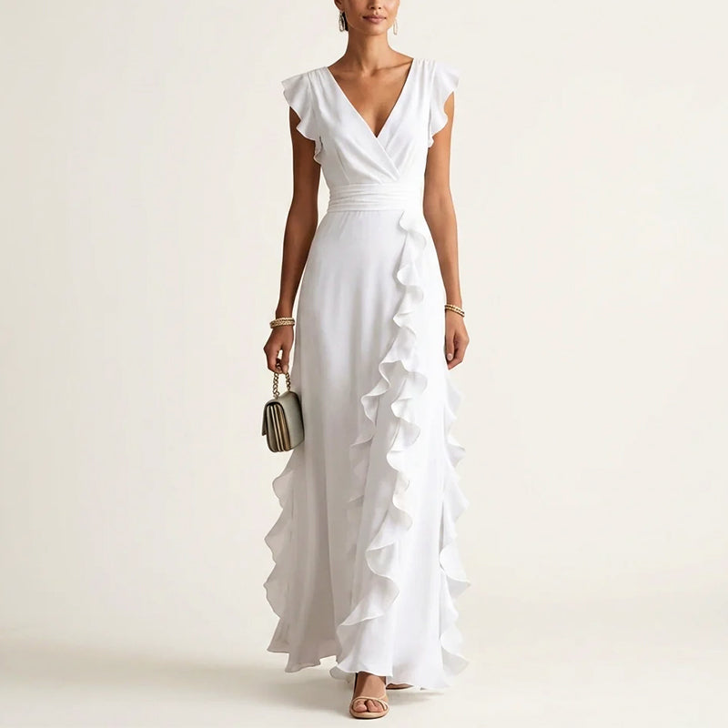 Eleanor - Women's Ruffle Trim Wrap V-Neck Maxi Dress