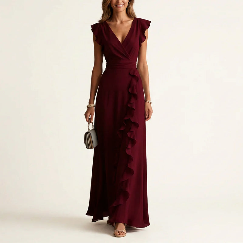 Eleanor - Women's Ruffle Trim Wrap V-Neck Maxi Dress