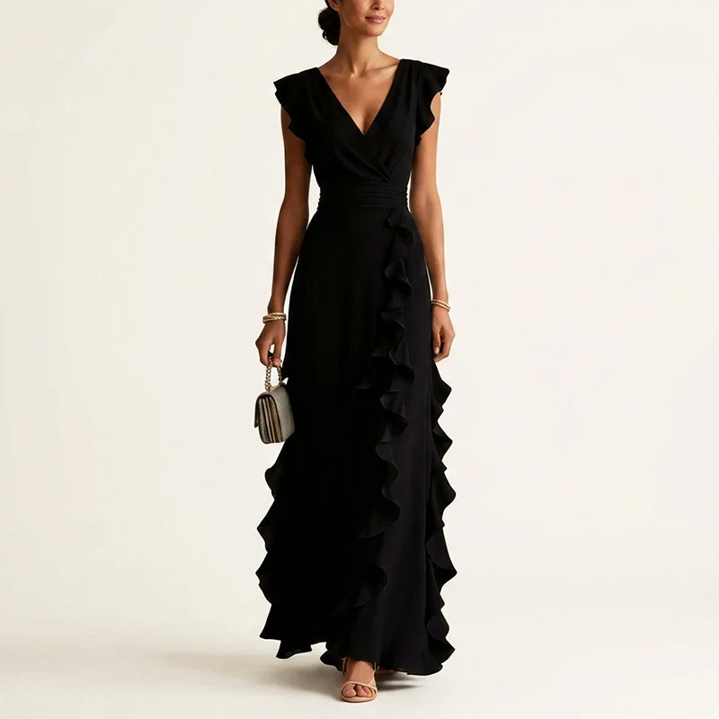 Eleanor - Women's Ruffle Trim Wrap V-Neck Maxi Dress