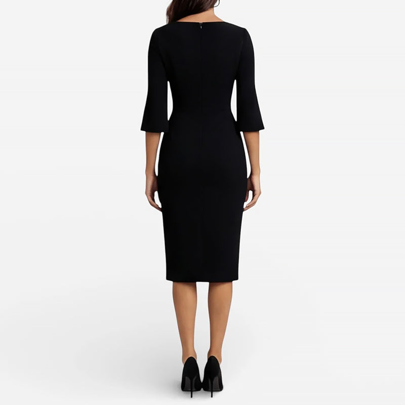 Elena - Women's Elegant Fitted Midi Dress with Pearl Split Sleeves