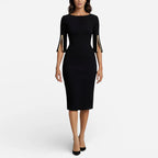Elena - Women's Elegant Fitted Midi Dress with Pearl Split Sleeves