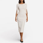 Elena - Women's Elegant Fitted Midi Dress with Pearl Split Sleeves