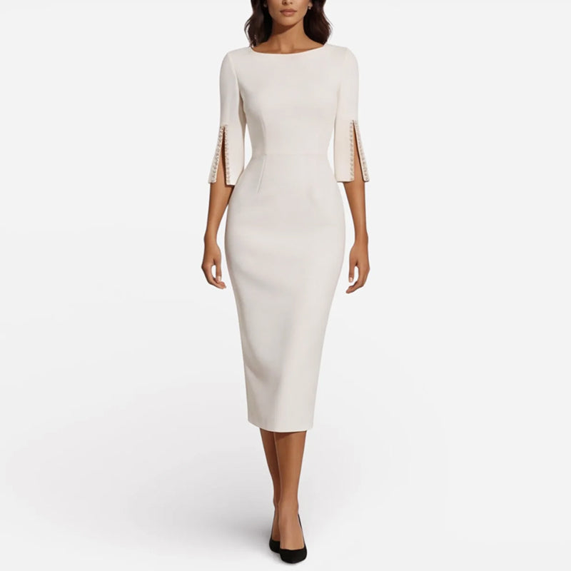 Elena - Women's Elegant Fitted Midi Dress with Pearl Split Sleeves