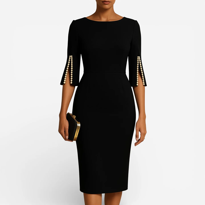 Elena - Women's Elegant Fitted Midi Dress with Pearl Split Sleeves