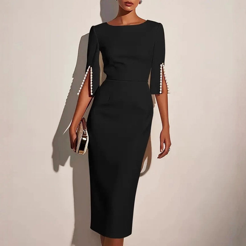 Elena - Women's Elegant Fitted Midi Dress with Pearl Split Sleeves