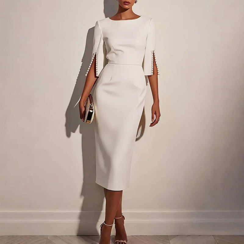 Elena - Women's Elegant Fitted Midi Dress with Pearl Split Sleeves