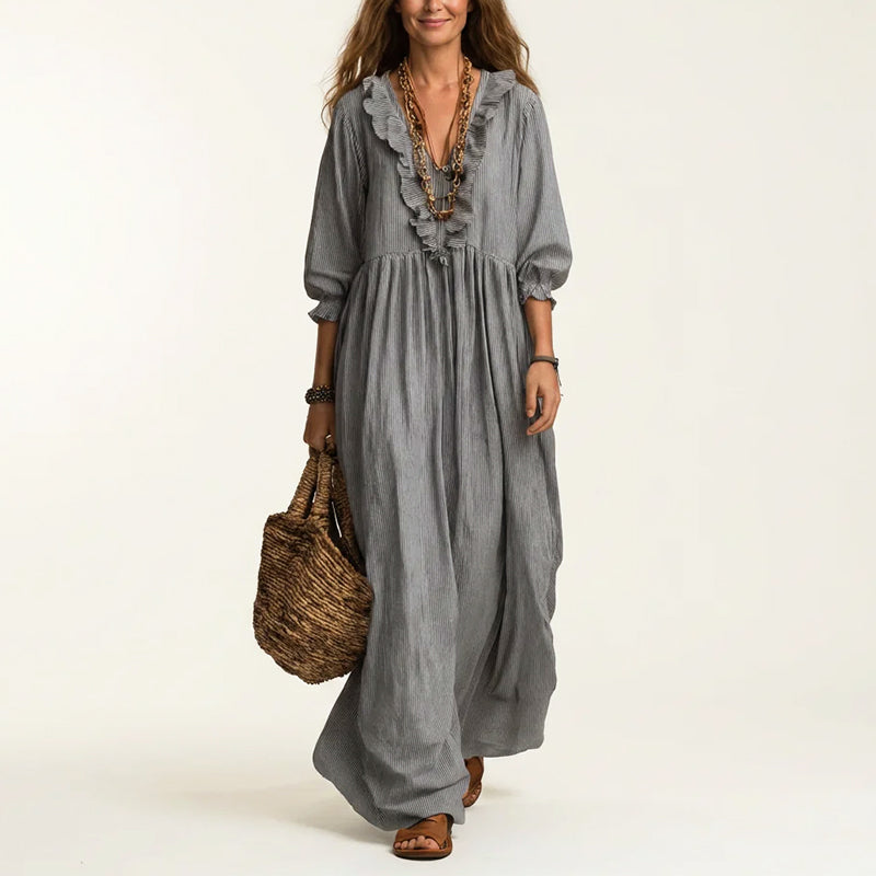 Eliana - Women's Ruffle Trim Striped Boho Maxi Dress