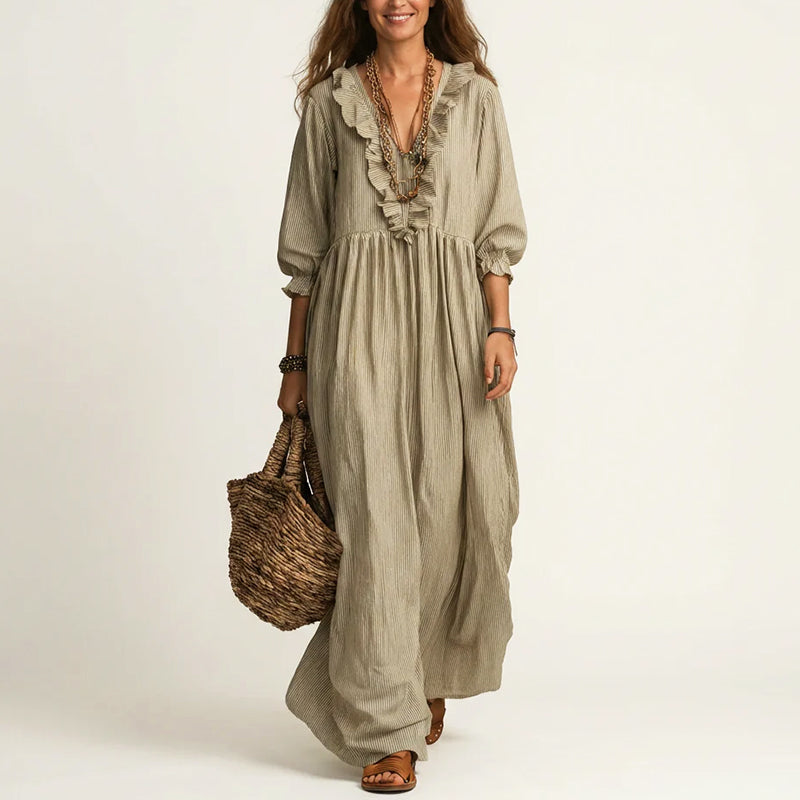 Eliana - Women's Ruffle Trim Striped Boho Maxi Dress