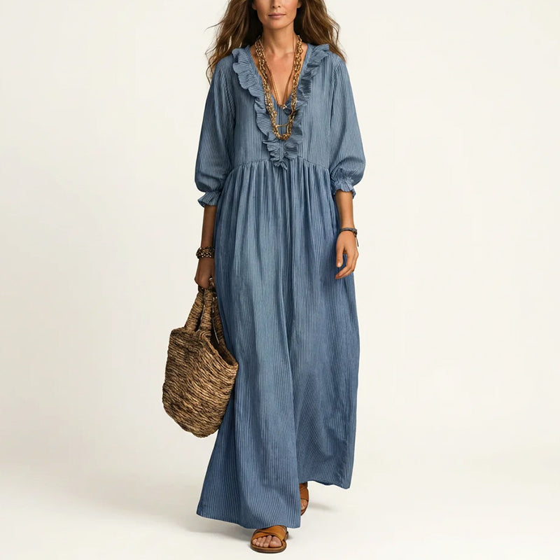 Eliana - Women's Ruffle Trim Striped Boho Maxi Dress