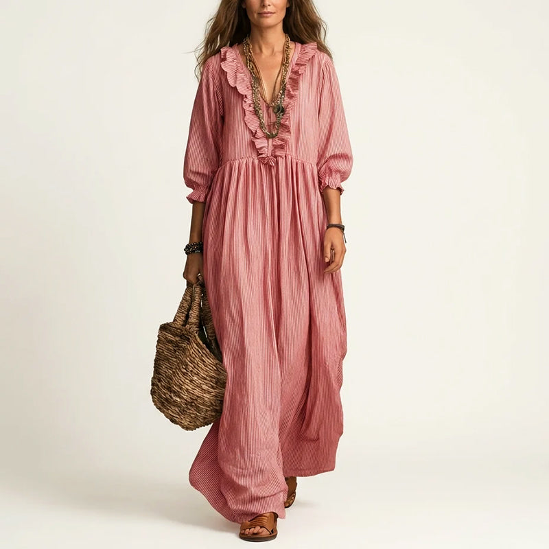 Eliana - Women's Ruffle Trim Striped Boho Maxi Dress