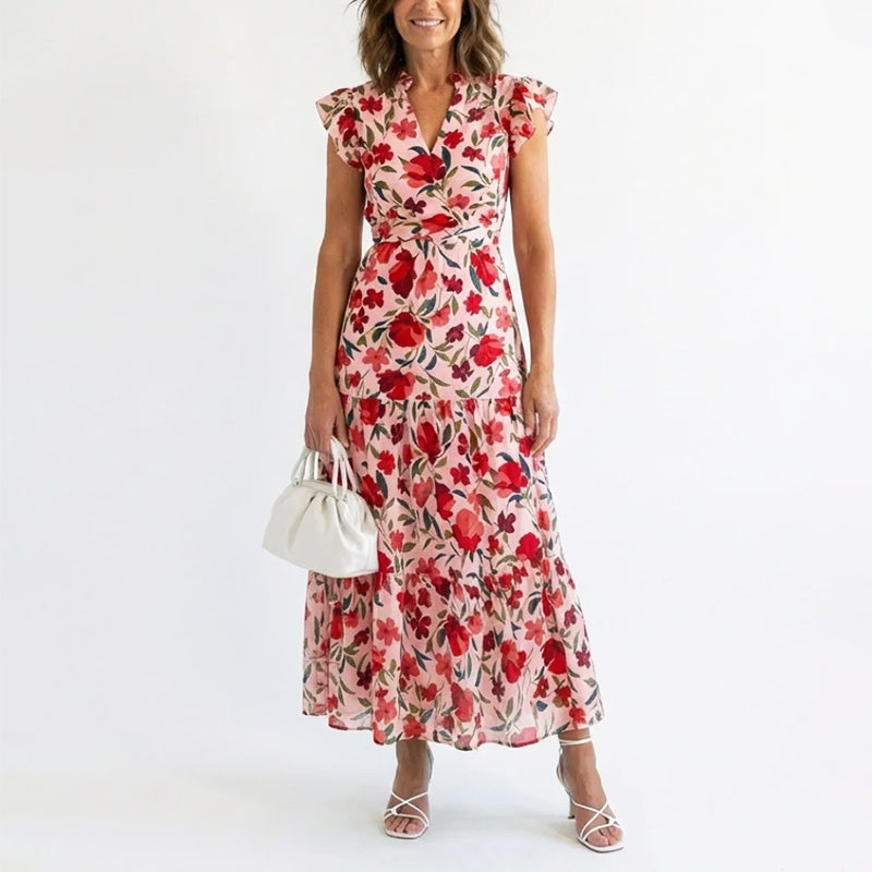 Eliza - Women's Floral V-Neck Tiered Midi Dress