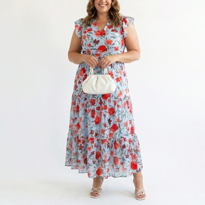 Eliza - Women's Floral V-Neck Tiered Midi Dress