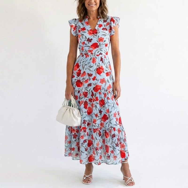 Eliza - Women's Floral V-Neck Tiered Midi Dress