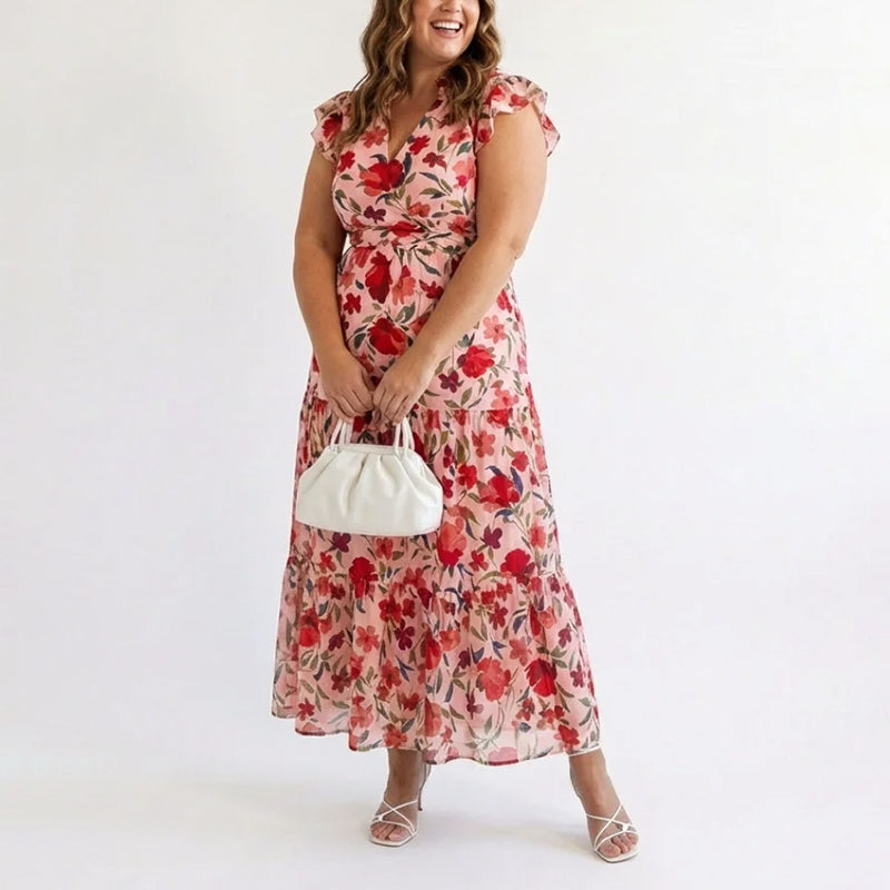 Eliza - Women's Floral V-Neck Tiered Midi Dress