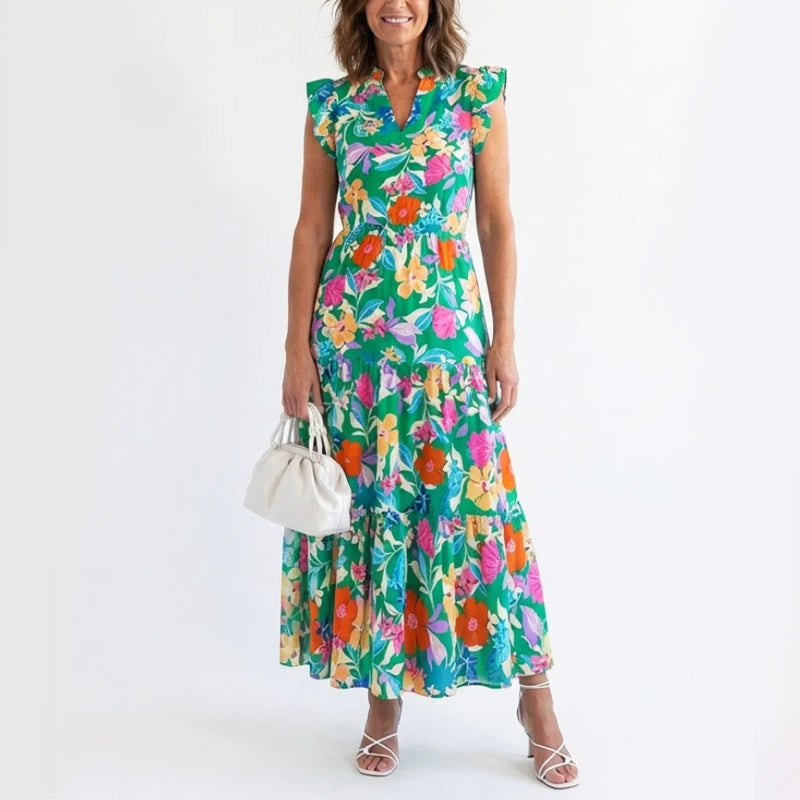 Eliza - Women's Floral V-Neck Tiered Midi Dress