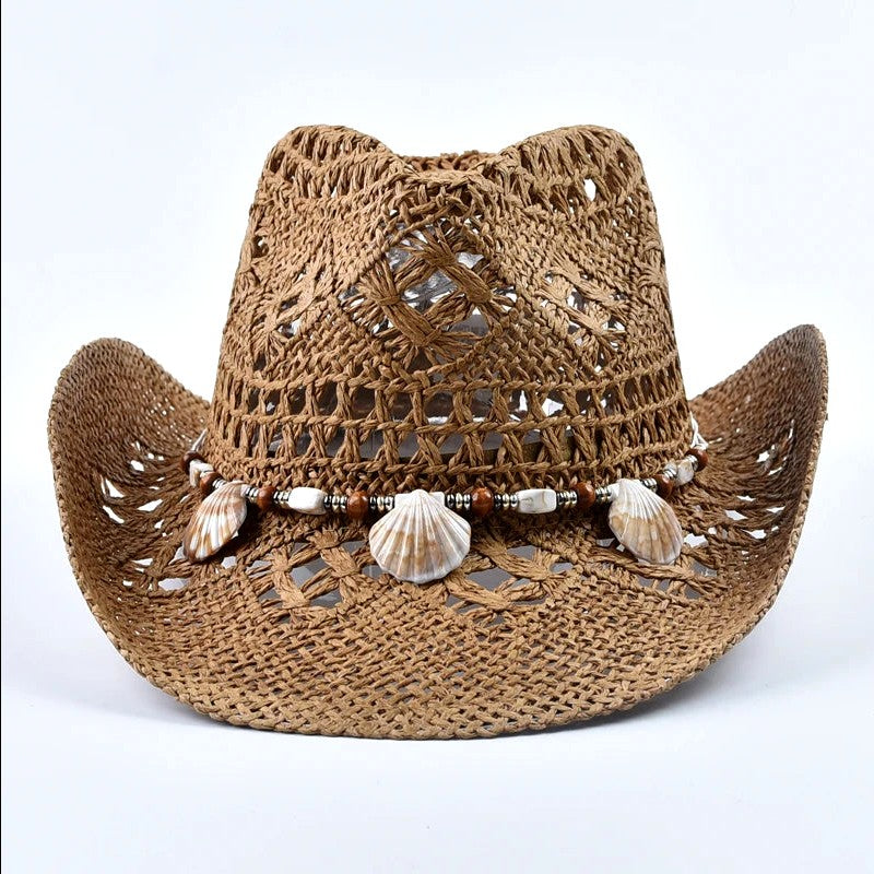 Elysia - Women's Woven Straw Shell Detail Beach Hat