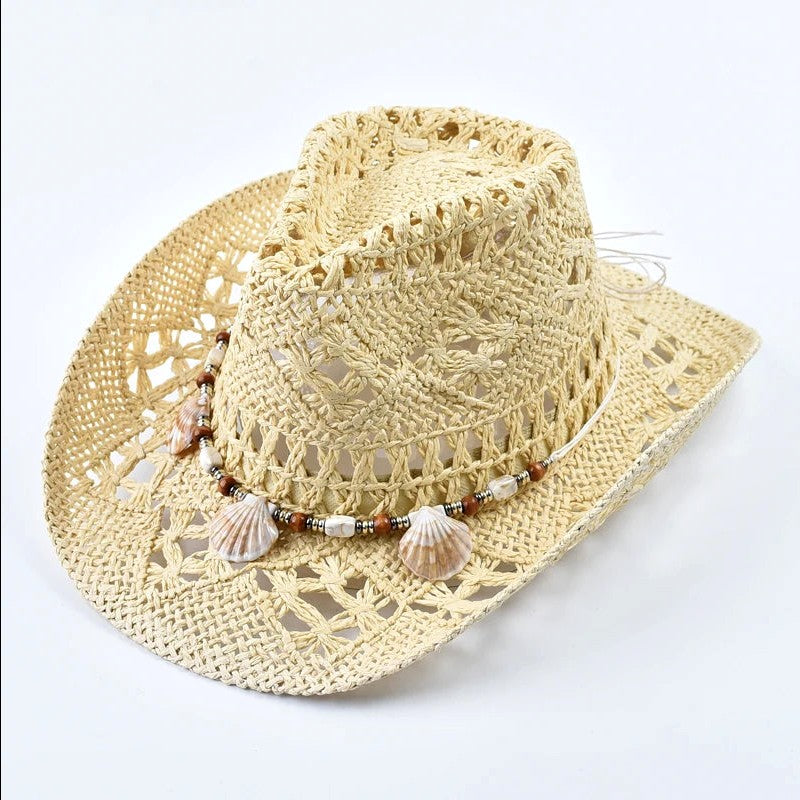 Elysia - Women's Woven Straw Shell Detail Beach Hat
