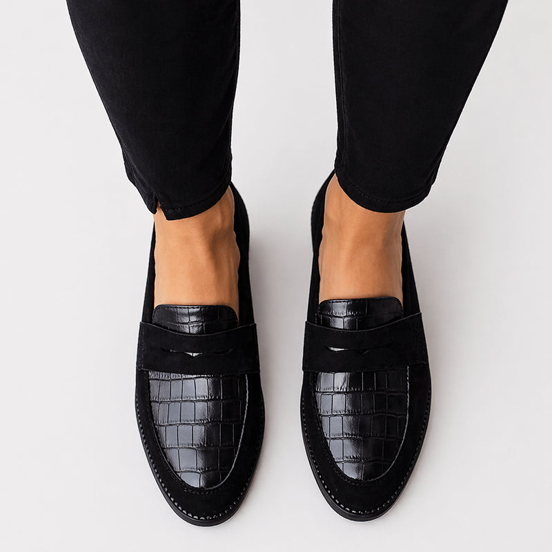 Emily - Women’s Suede Loafers with Croc-Embossed Detail